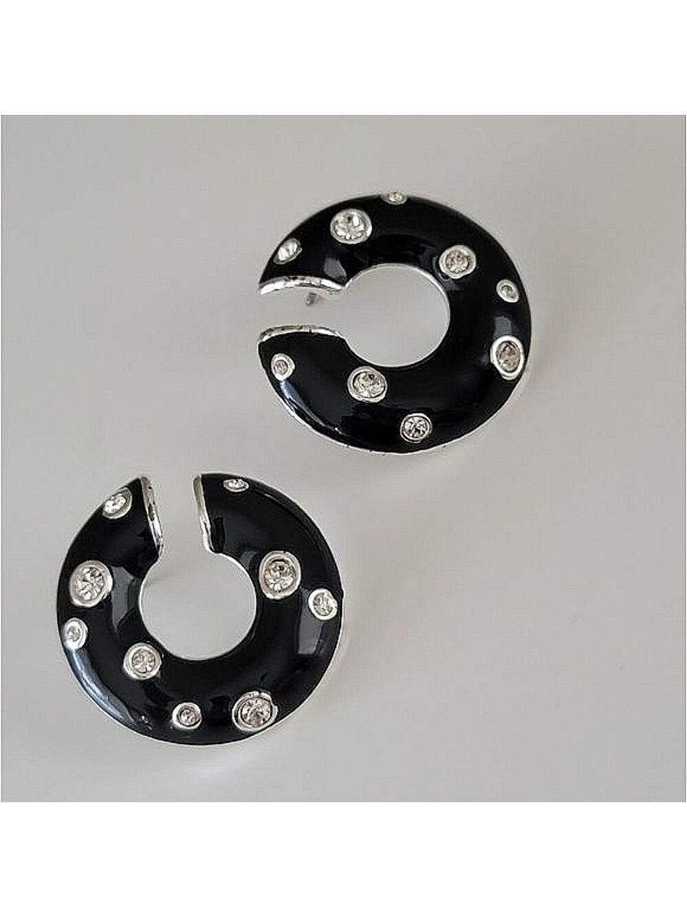 Earrings Silver Tone Crystal & Black Enamel Earrings #0077